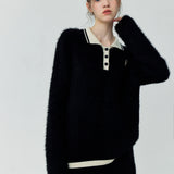 Cozy Contrast Trim Fuzzy Sweater with Polo Neckline