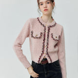 Chic Tweed-Trim Knit Cardigan with Gold Button Details