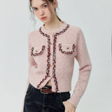 Chic Tweed-Trim Knit Cardigan with Gold Button Details