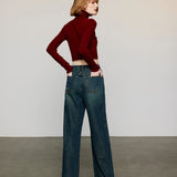High-Waisted Vintage Wash Straight-Leg Denim Jeans