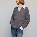 Textured Knit V-Neck Sweater with Collared Shirt Layer Look