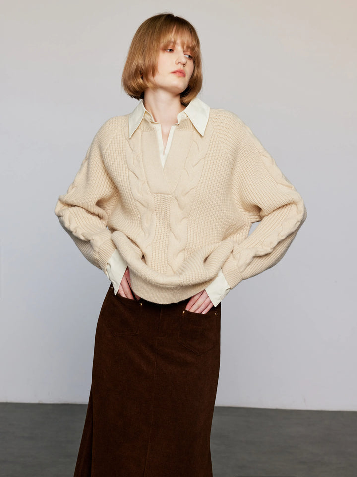 Oversized Cable Knit Sweater in Cream with Collared Shirt Layering