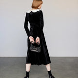 Vintage-Inspired Velvet Dress with Contrasting Peter Pan Collar