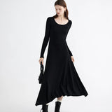 Elegant Long Sleeve Round Neck Tie-Back Black Dress