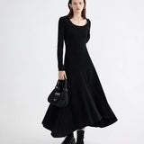 Elegant Long Sleeve Round Neck Tie-Back Black Dress