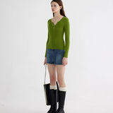 Women's Buttoned Ribbed Sweater with Pocket Detail