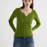 Women's Buttoned Ribbed Sweater with Pocket Detail