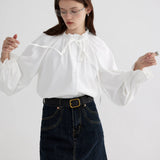 Silky White Bow-Tie Collar Long Sleeve Shirt