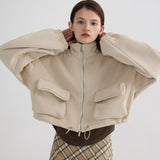 Women's Cozy Fleece Cropped Jacket with Stand Collar and Zip Closure