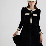 Vintage Velvet Black Dress with Lace Collar and Decorative Drawstring