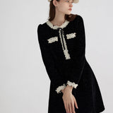 Vintage Velvet Black Dress with Lace Collar and Decorative Drawstring