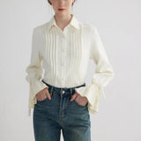 Women's Pleated Button-Down Shirt with Tassel Cuff Detail
