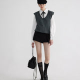 Layered Look Knit Vest with Attached Collar and Cuffs