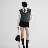Layered Look Knit Vest with Attached Collar and Cuffs