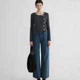 Wide-Leg Denim Jeans with High Waist and Gold-Tone Accent Buttons