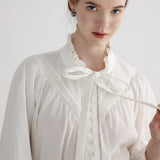 Vintage Lace Trimmed Bow Collar White Shirt