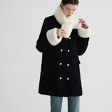 Double-Breasted Long Sleeve Coat with Faux Fur Collar