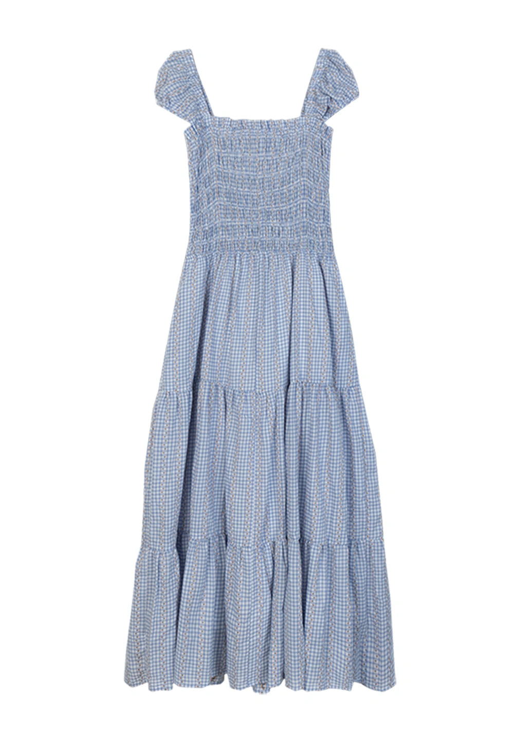 Vintage Blue Gingham Smocked Midi Dress with Ruffled Hem - Women's Summer Casual Dress