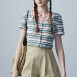 Women's Two-Piece Outfit with Striped Button-Up Tee and Adjustable Strap Camisole