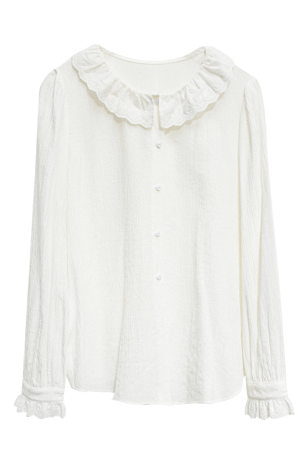 Woman's Ruffle-Trimmed Collar Button-Down Blouse with Elastic Cuff Sleeves