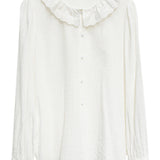 Woman's Ruffle-Trimmed Collar Button-Down Blouse with Elastic Cuff Sleeves