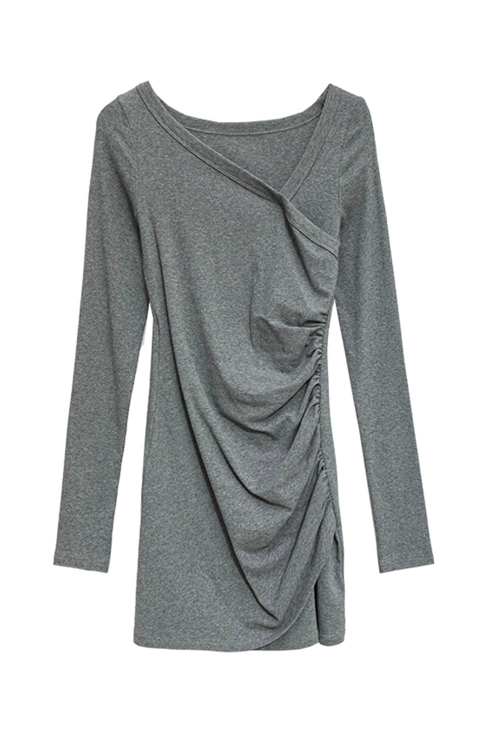 Women's Long Sleeve Dress with Ruched Detail and Asymmetrical Neckline