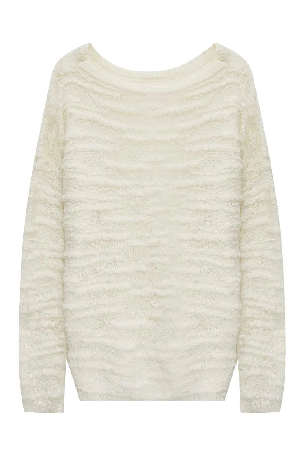 Cozy Textured Cream Pullover Sweater with Ribbed Trim
