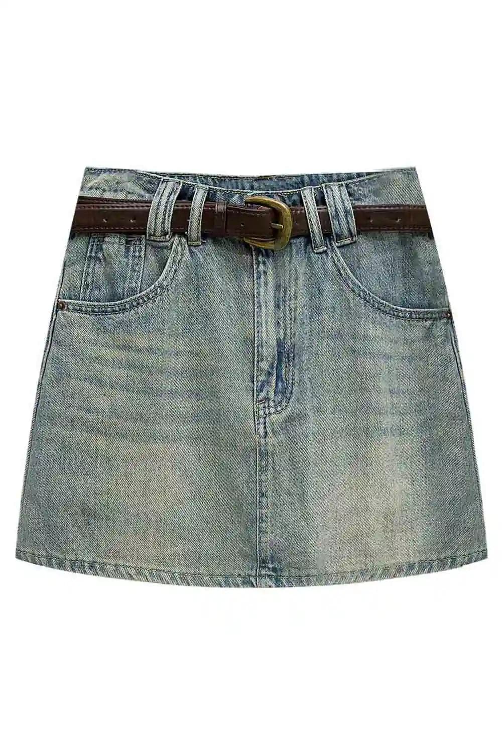 Skirt Mini Denim Kasual dengan Pinggang Berikat
