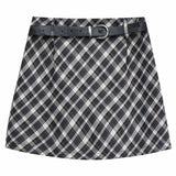 Skirt Mini A-Line Berkotak-kotak dengan Tali Pinggang Penyelaras
