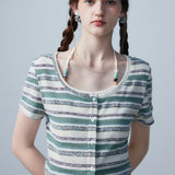 Women's Two-Piece Outfit with Striped Button-Up Tee and Adjustable Strap Camisole