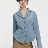 Women's Classic Pinstriped Pleated Button-Up Shirt