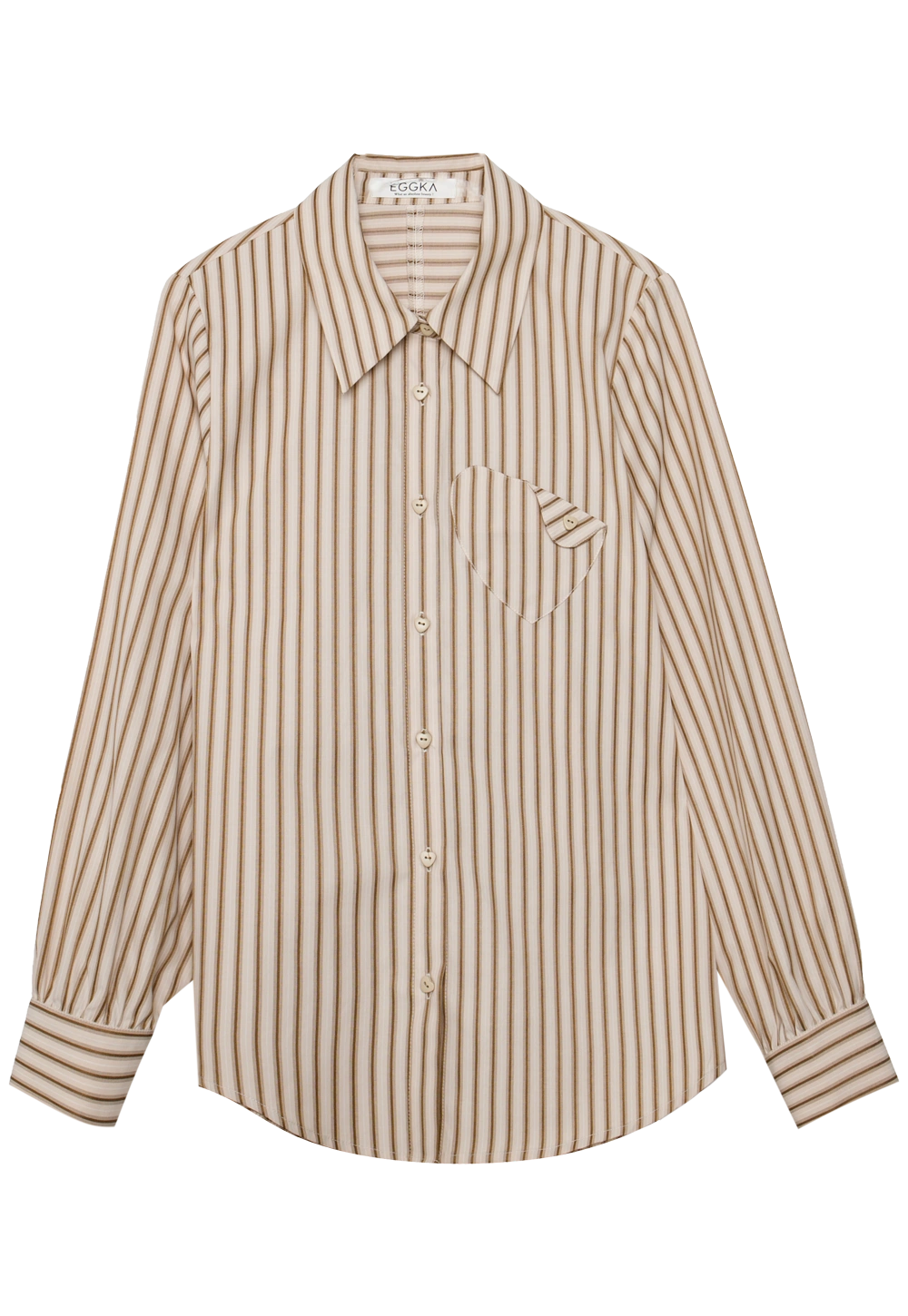 Women's Casual Striped Button-Down Shirt with Chest Pocket - Long Sleeve, Cotton Blend, Olive and Cream