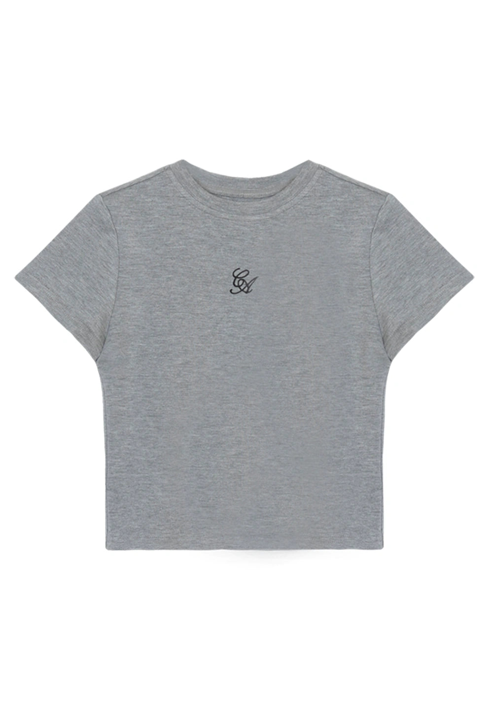 T-Shirt Kelabu Potong Wanita dengan Logo Sulaman Elegan - Campuran Kapas Lembut, Selesa