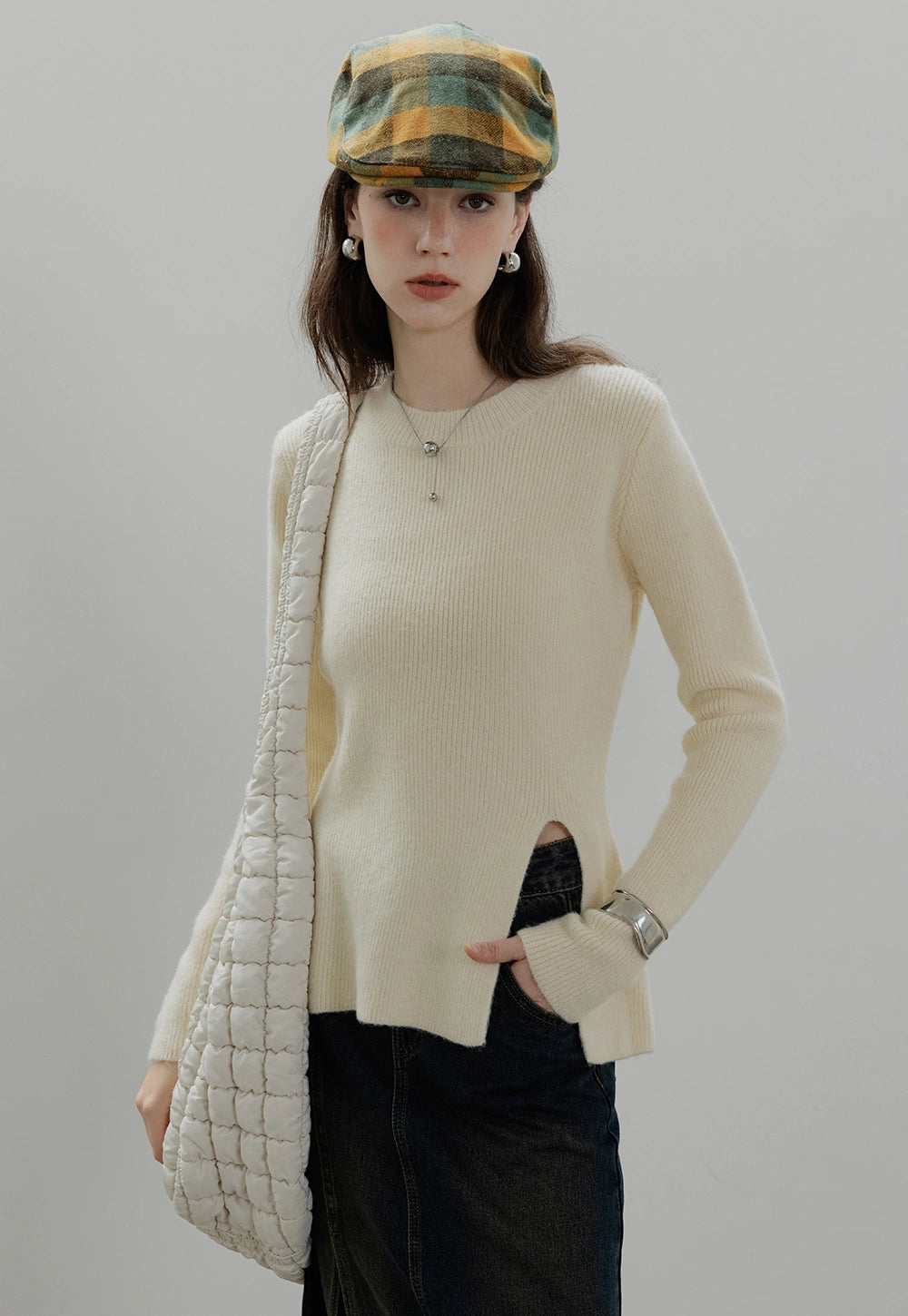 Women's Crew Neck Knit Sweater with Asymmetrical Side Slit