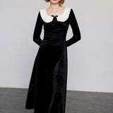 Vintage-Inspired Velvet Dress with Contrasting Peter Pan Collar