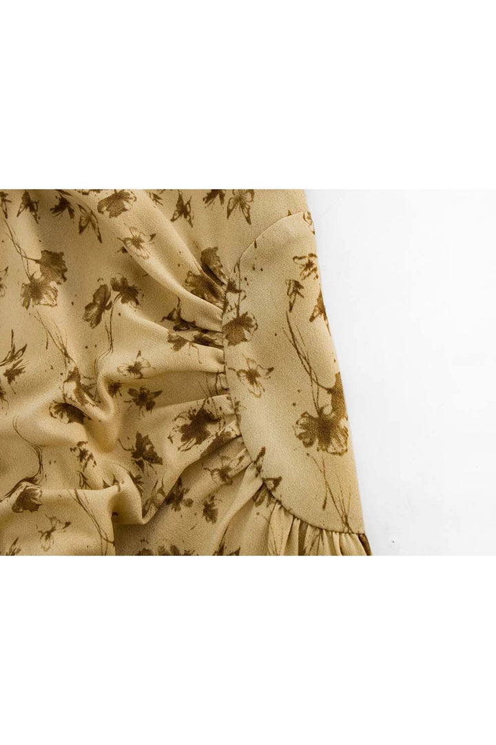 Women's Ruffled Neckline Floral Print Long Sleeve Midi Dress