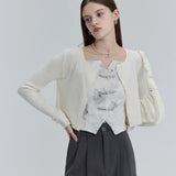 Ribbed Button-Up Cardigan and Floral Lace Corset Top Set