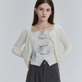 Ribbed Button-Up Cardigan and Floral Lace Corset Top Set