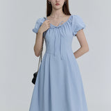 Sophisticated Gathered-Waist Midi Dress with Flutter Sleeves