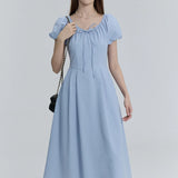 Sophisticated Gathered-Waist Midi Dress with Flutter Sleeves