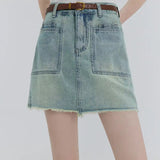 Classic High-Waisted Denim Skirt with Frayed Hem and Leather Belt