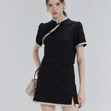 Contemporary Collared Cape Blouse and Pleated Mini Skirt Set