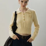 Preppy Cable Knit Polo Sweater with Emblem Detail