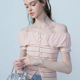 Chic Striped Off-Shoulder Blouse with Front Button Detail in Pastel Pink