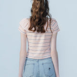 Chic Striped Off-Shoulder Blouse with Front Button Detail in Pastel Pink