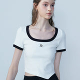 Women's Classic White Tee with Black Trim and Signature Logo - Elegant and Stylish