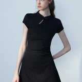 Modern Chinese Style Knee-Length Dress with Ornamental Ties