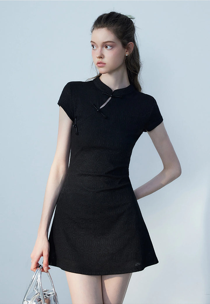 Modern Chinese Style Knee-Length Dress with Ornamental Ties
