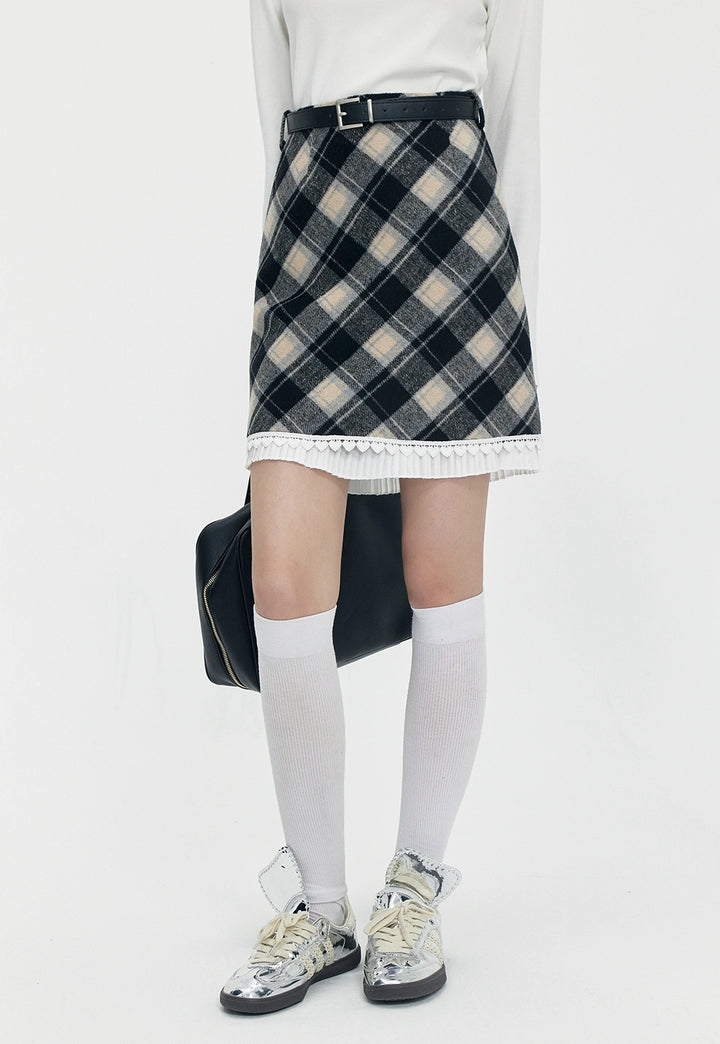 Plaid Skirt with Pleated Hem Detail