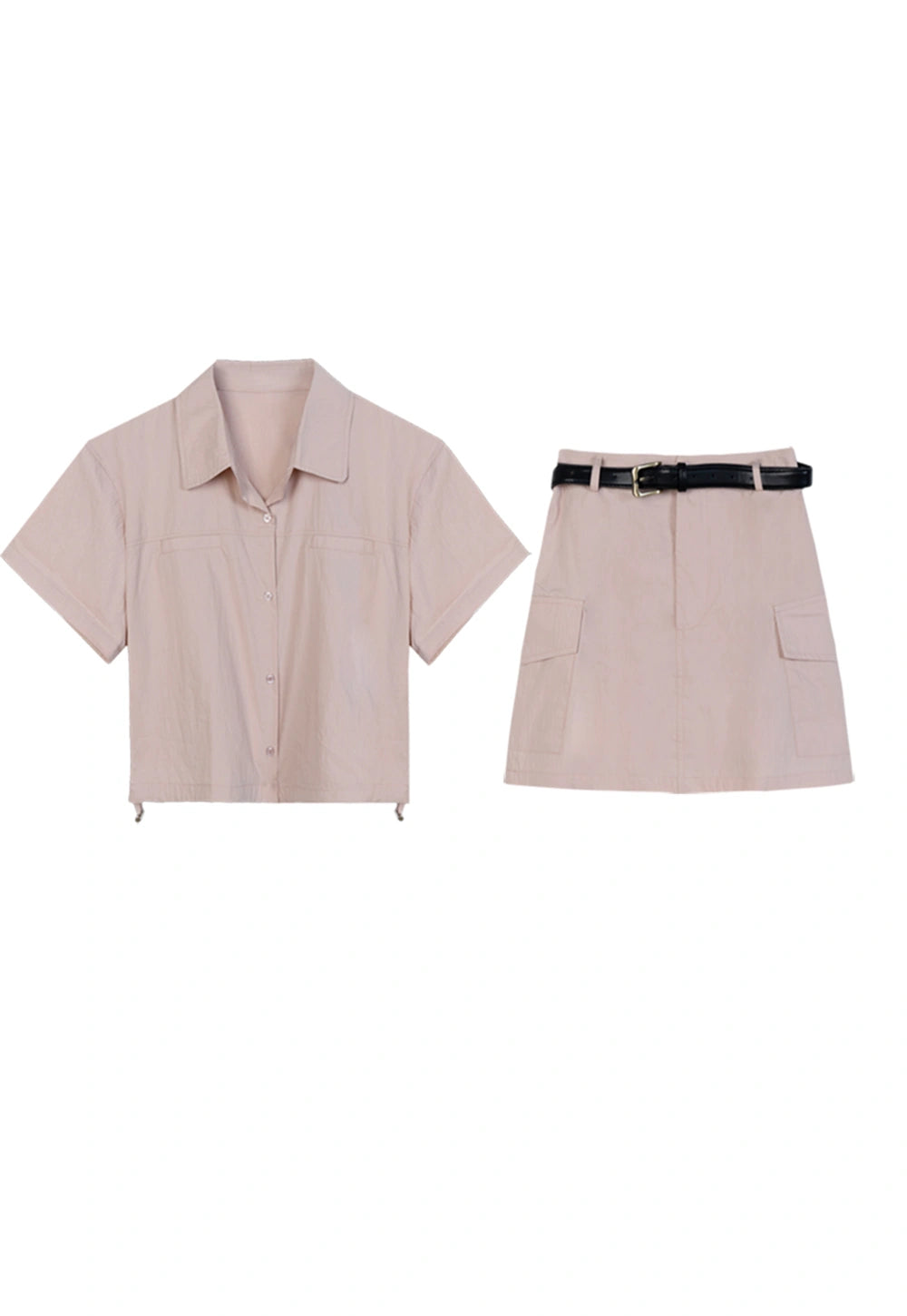 Women's Casual Light Pink Short Sleeve Shirt with Front Pockets and Matching Mini Skirt with Black Belt - Trendy Summer Outfit